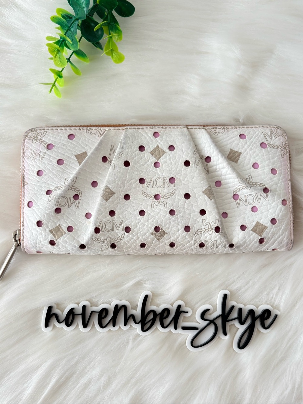 MCM Monogram White Perforated Zip Wallet with Purple Liner. LIMITED EDITION!‎